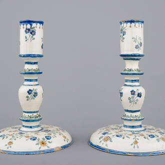 A fine pair of French faience candlesticks, 18th C.